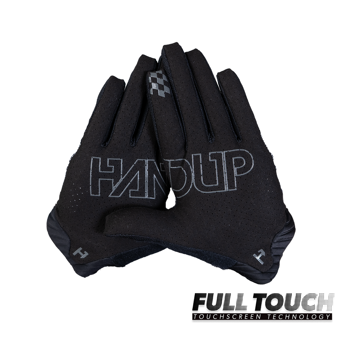 Handup Pro-Formance Gloves, Black/Grey, pair shown together, palm side, touchscreen fingertips