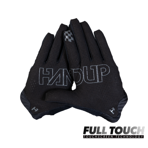 Handup Pro-Formance Gloves, Black/Grey, pair shown together, palm side, touchscreen fingertips