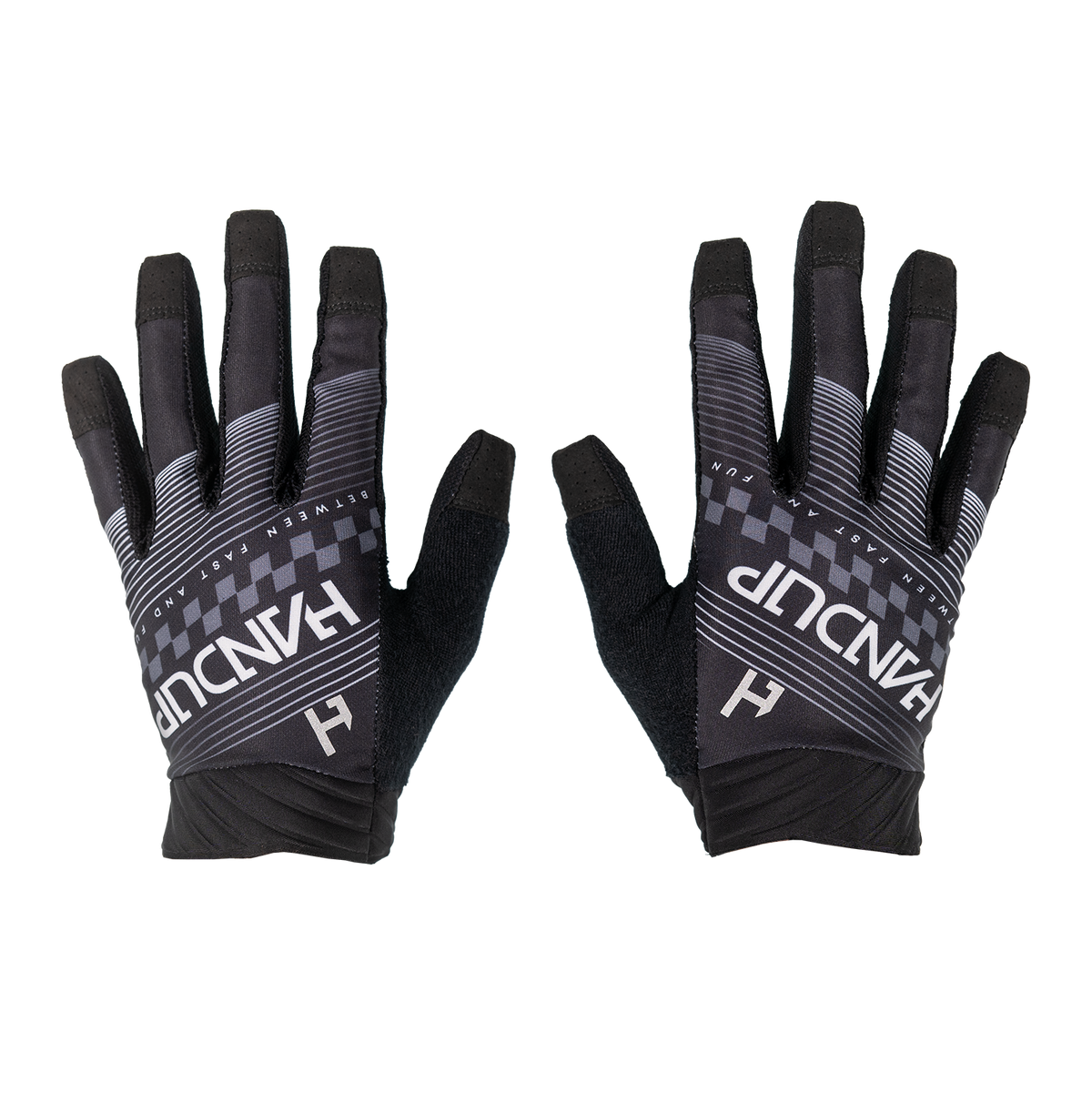Handup Pro-Formance Gloves, Black/Grey, pair laid flat, back of hand