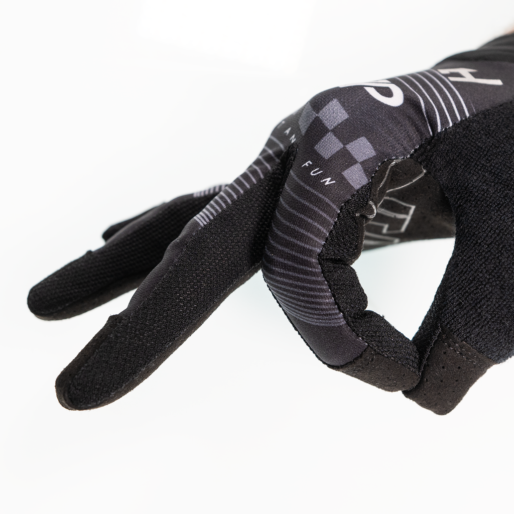 Handup Pro-Formance Gloves, Black/Grey, worn on a hand, side close-up