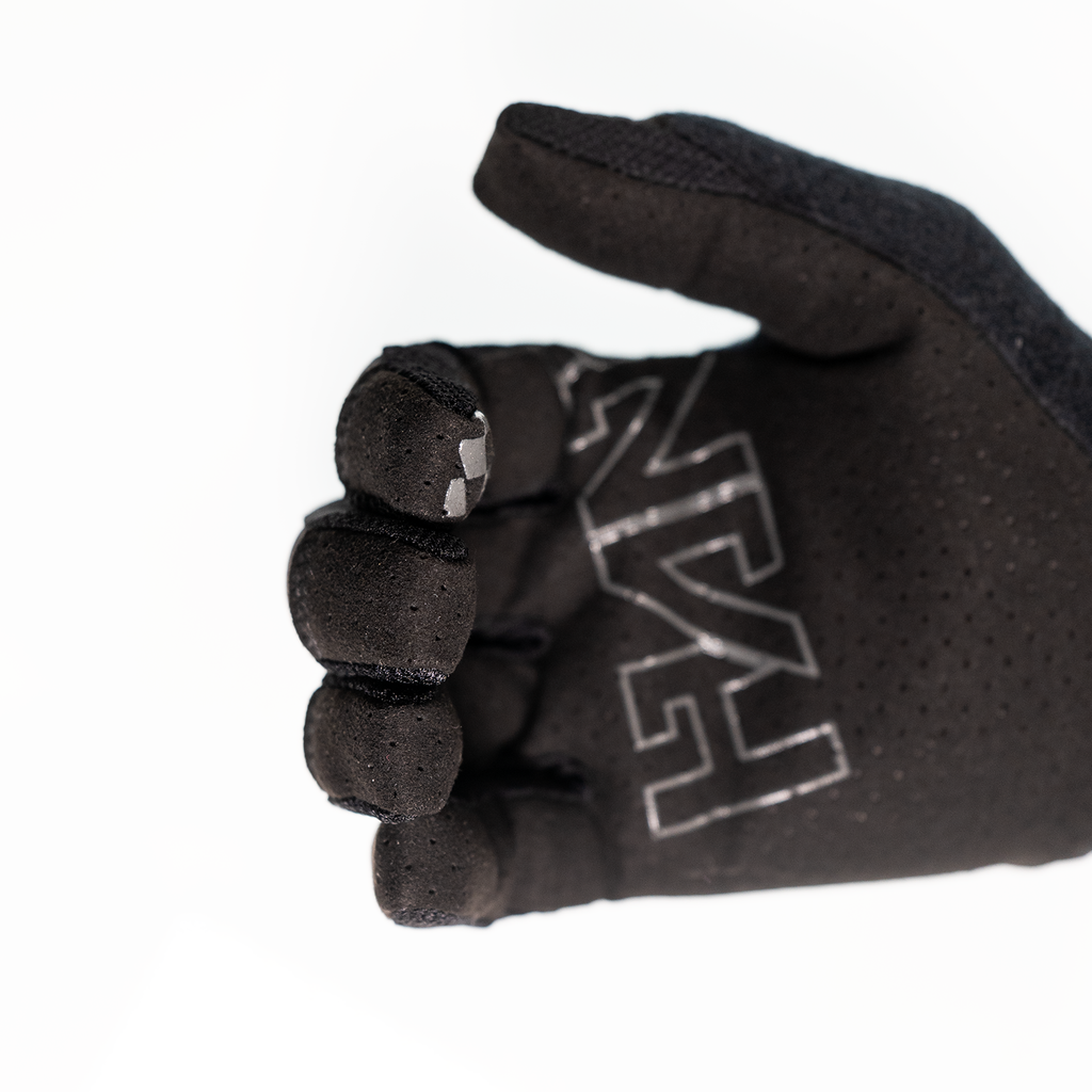 Handup Pro-Formance Gloves, Black/Grey, worn on a hand, palm close-up