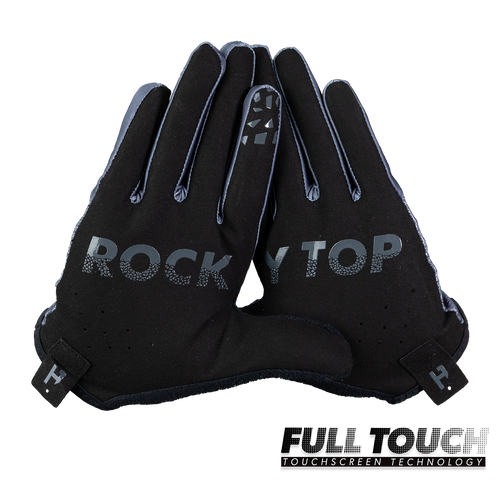 Handup Gloves, Rocky Top Grey, pair shown together, palm side with "Rocky Top" print