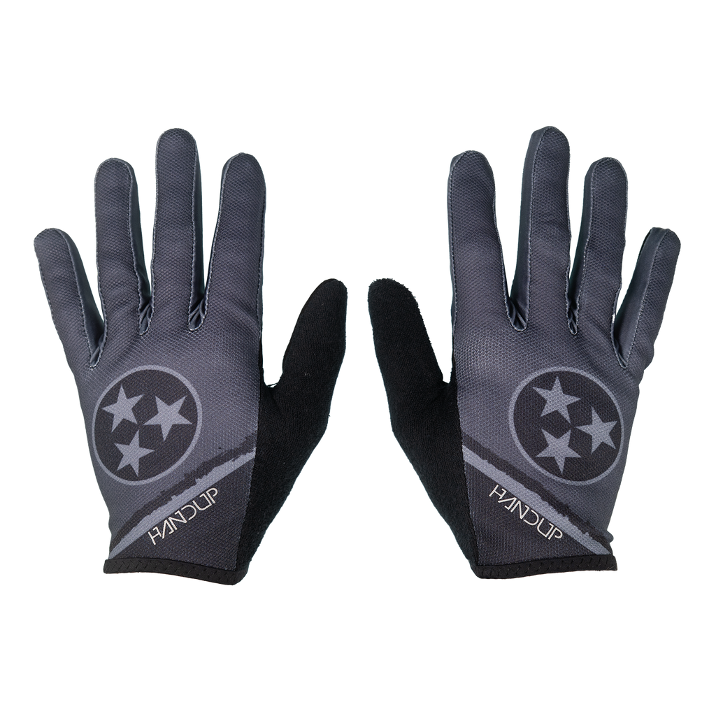 Handup Gloves, Rocky Top Grey, pair laid flat, back of hand with tri-star print