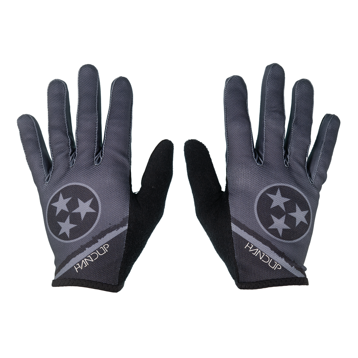 Handup Gloves, Rocky Top Grey, pair laid flat, back of hand with tri-star print
