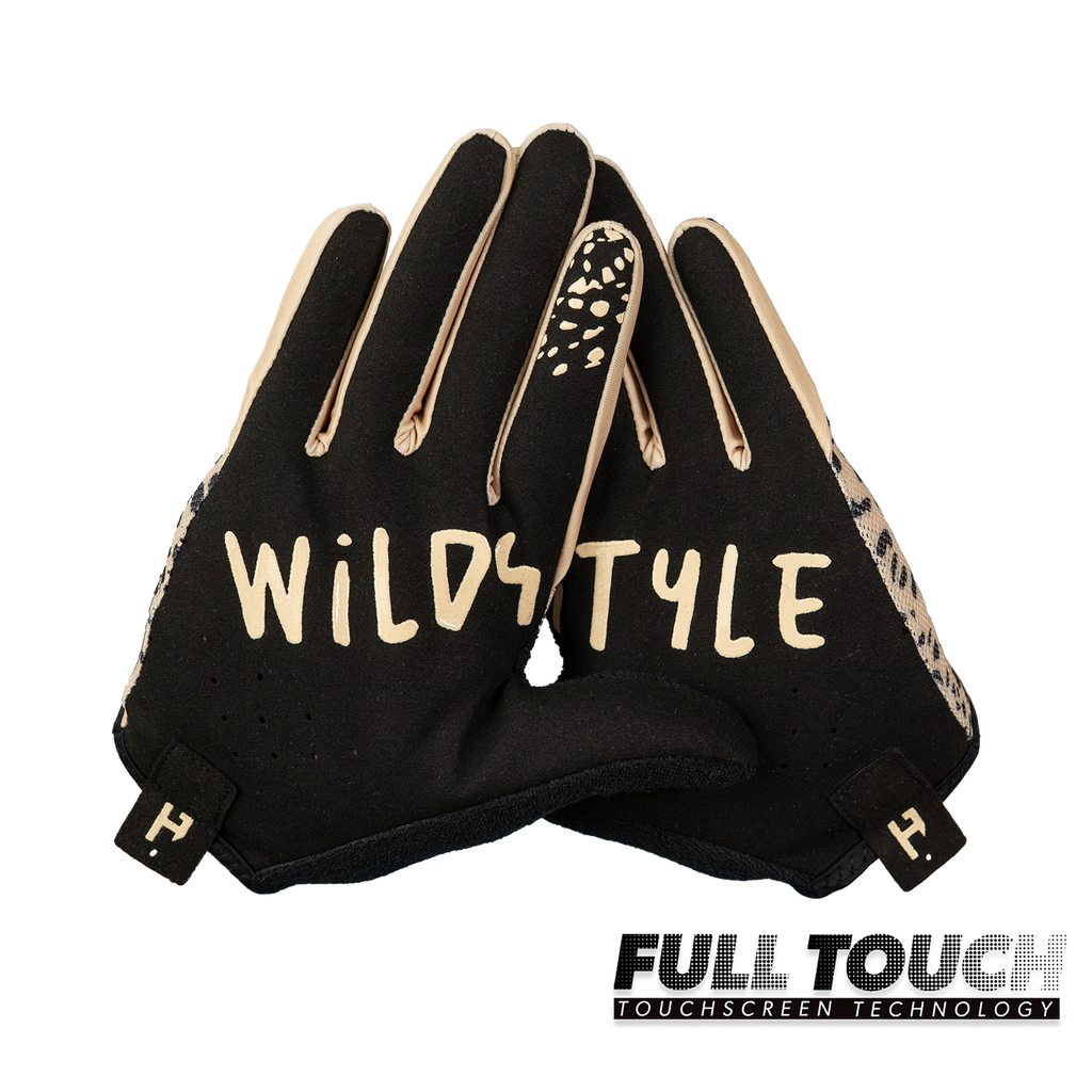 Handup SunDura Gloves, Trail Cat, pair shown together, palm side with "Wildstyle" print