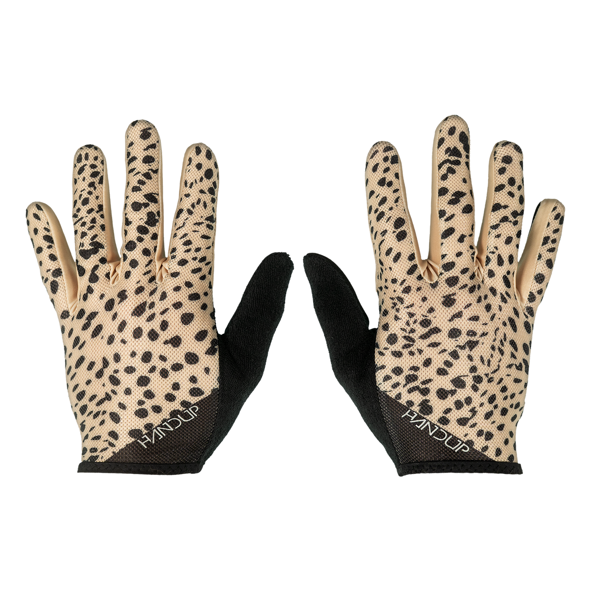 Handup SunDura Gloves, Trail Cat, pair laid flat, back of hand with cheetah print