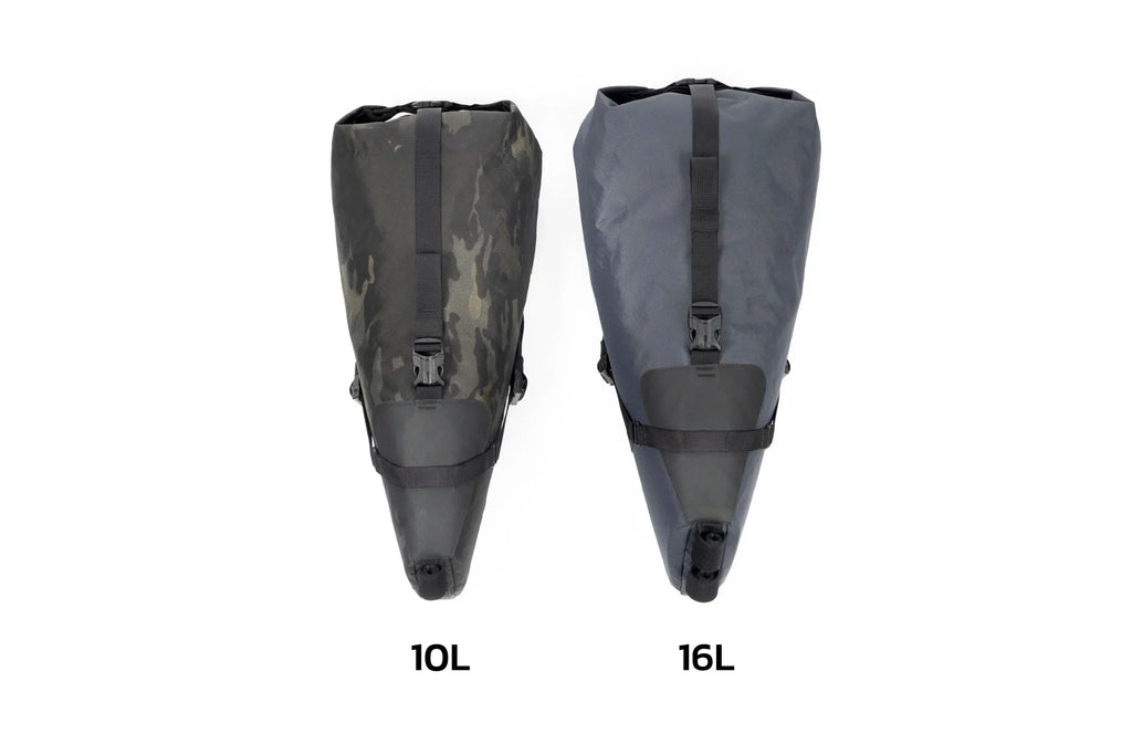 Outer Shell Seatpack, 10 liter and 16 liter sizes side by side, back