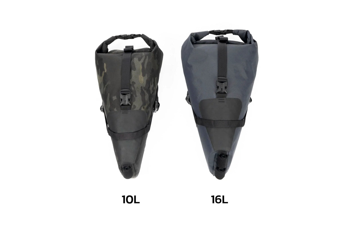 Outer Shell Seatpack, 10 liter and 16 liter sizes side by side, front