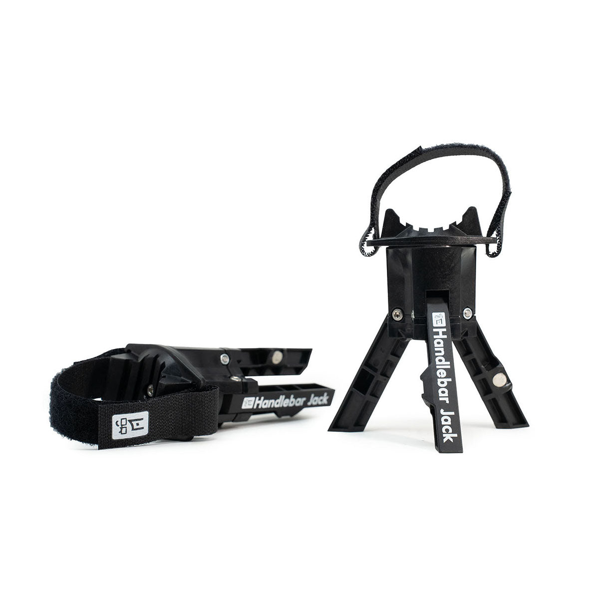 Handlebar Jack V3 handlebar stands, a pair of black tripod stands with hook-and-loop straps