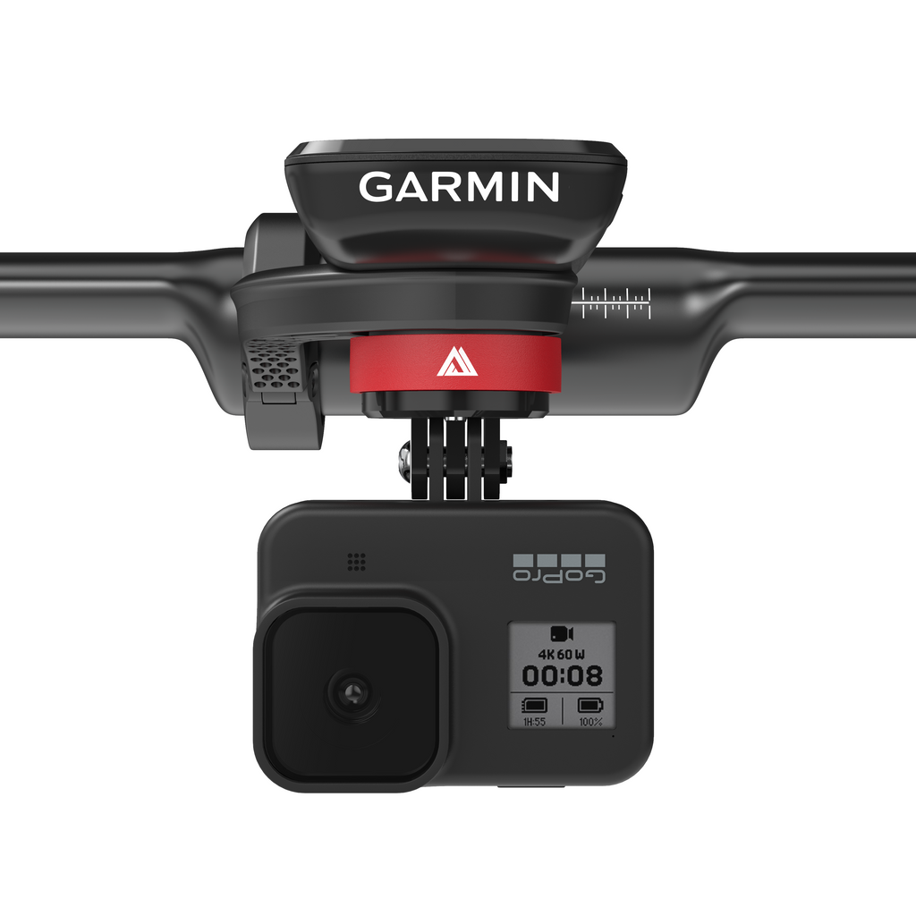KOM CM06 Quick Release Computer Mount with GoPro Adapter, front view with a Garmin computer and an action camera below