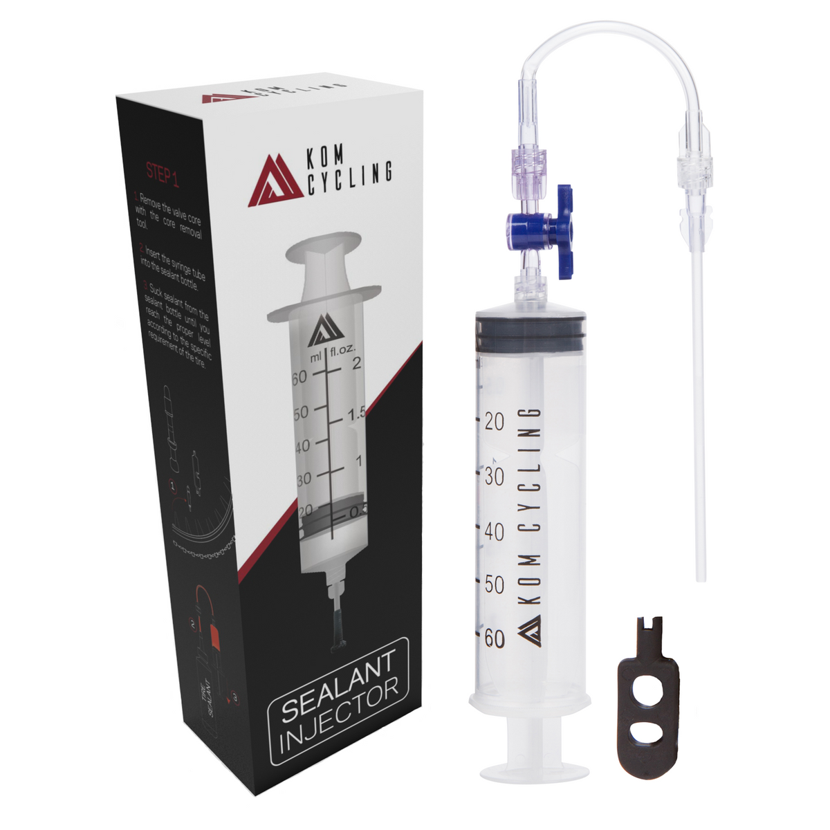 KOM tubeless sealant injector, syringe with hose and valve core tool, beside its box