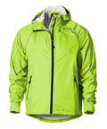 Men's Showers Pass Syncline CC jacket in hi-vis Leaf Green, hood up showing the grey lining, black centre zip and zippered hand pockets.