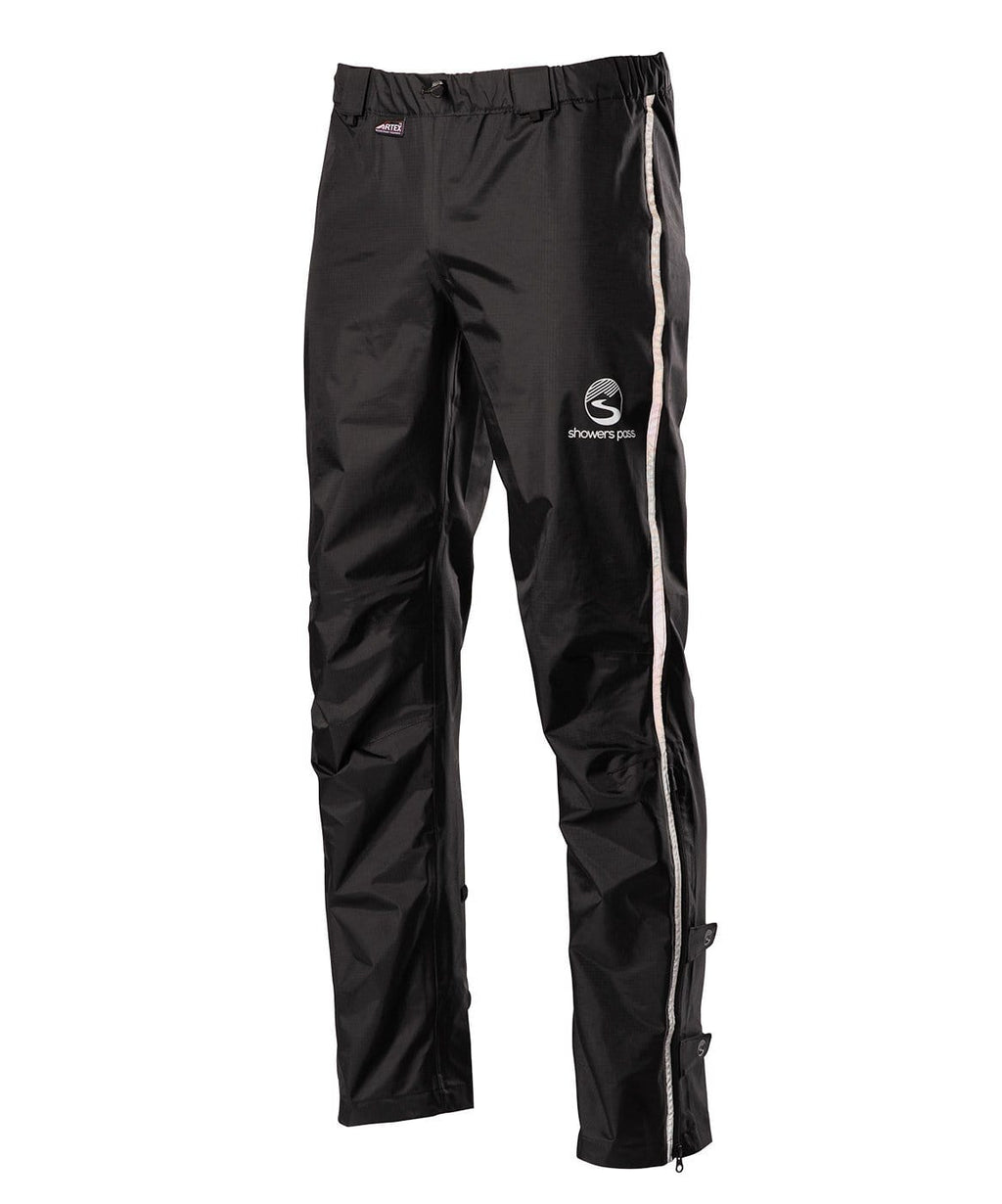 Men's black Showers Pass Transit rain pant, front view, reflective trim down the full-length leg zip and the Showers Pass logo on the thigh.