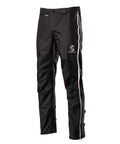 Men's black Showers Pass Transit rain pant, front view, reflective trim down the full-length leg zip and the Showers Pass logo on the thigh.