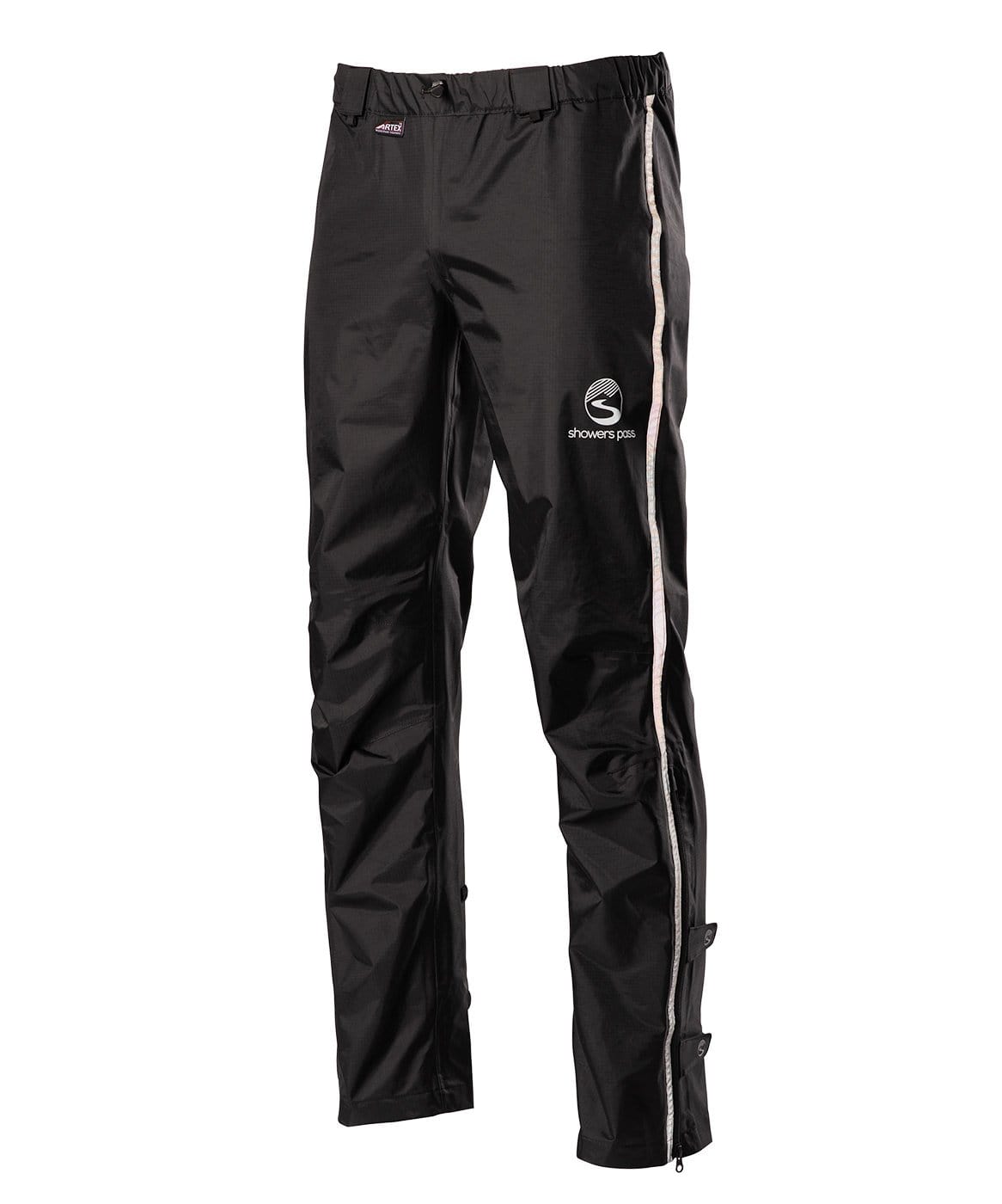 Men's black Showers Pass Transit rain pant, front view, reflective trim down the full-length leg zip and the Showers Pass logo on the thigh.