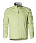 Men's Showers Pass Cloudburst jacket in Pear green, front view, full centre zip with storm flap, stand collar and reflective shoulder trim.