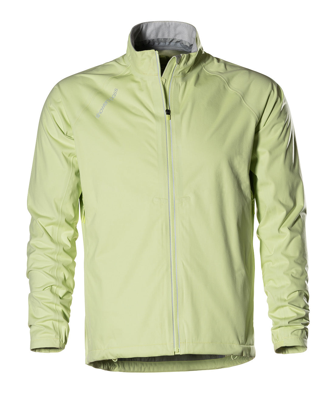 Men's Showers Pass Cloudburst jacket in Pear green, front view, full centre zip with storm flap, stand collar and reflective shoulder trim.