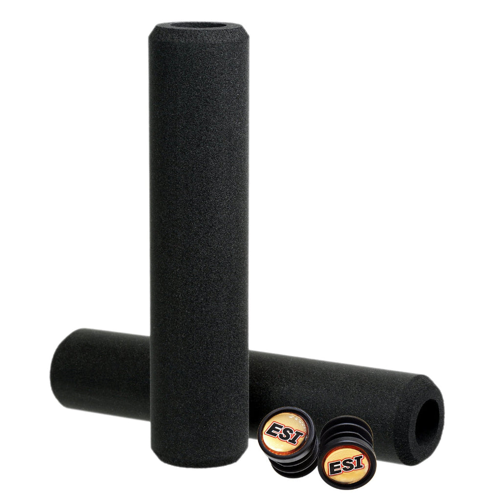 ESI Chunky silicone grips in black with a pair of ESI bar plugs, on a white background