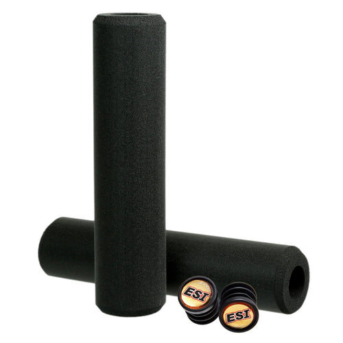 ESI Extra Chunky silicone grips in black with a pair of ESI bar plugs, on a white background
