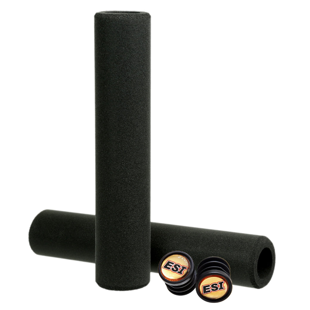 ESI Racer's Edge silicone grips in black with a pair of ESI bar plugs, on a white background