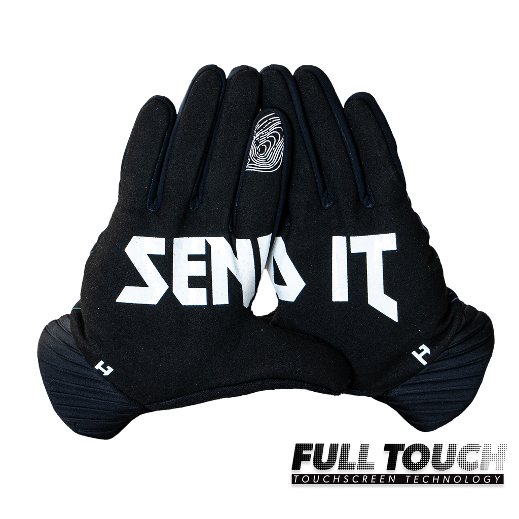Handup Cold Weather Gloves, Lucid Topo, pair shown together, palm side with "Send It" print
