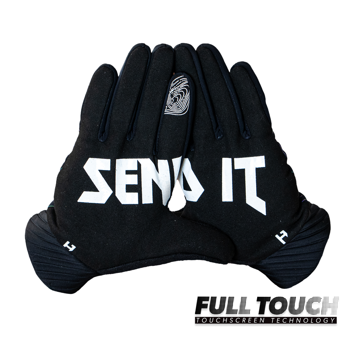 Handup Cold Weather Gloves, Lucid Topo, pair shown together, palm side with "Send It" print