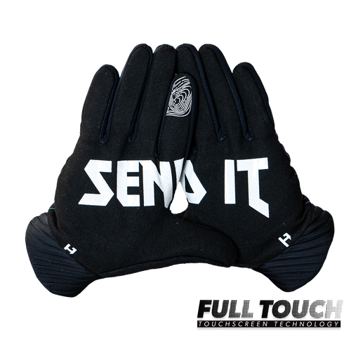 Handup Cold Weather Gloves, Lucid Topo, pair shown together, palm side with "Send It" print