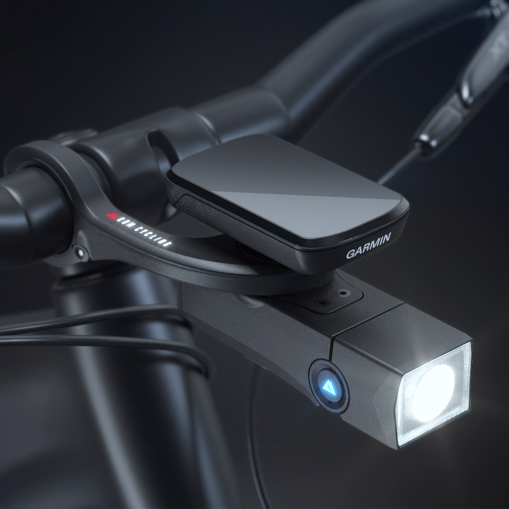 KOM Quick Release Light, 1000 Lumen, mounted under a bike computer on the handlebar, light on