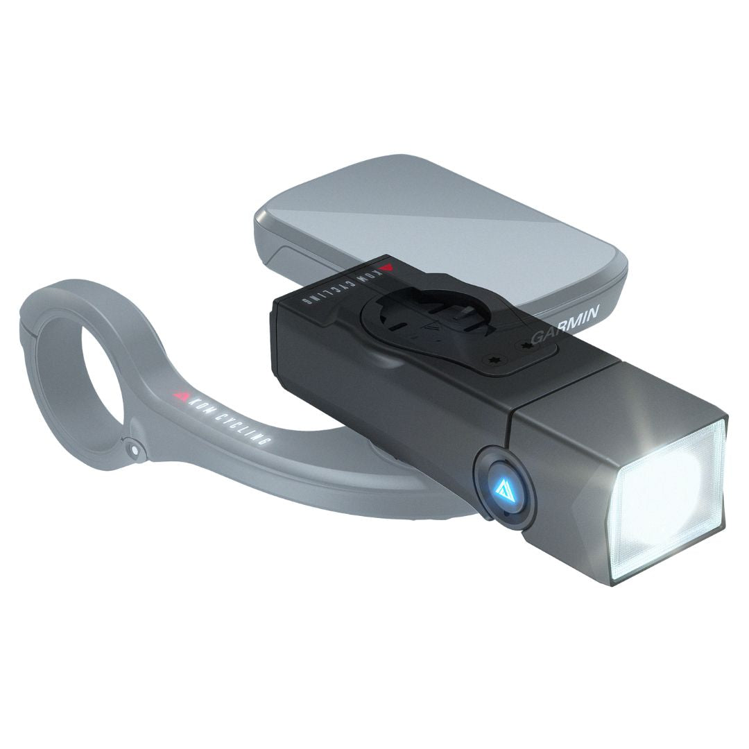 KOM Quick Release Light, 1000 Lumen, mounted under an out-front computer mount, light on