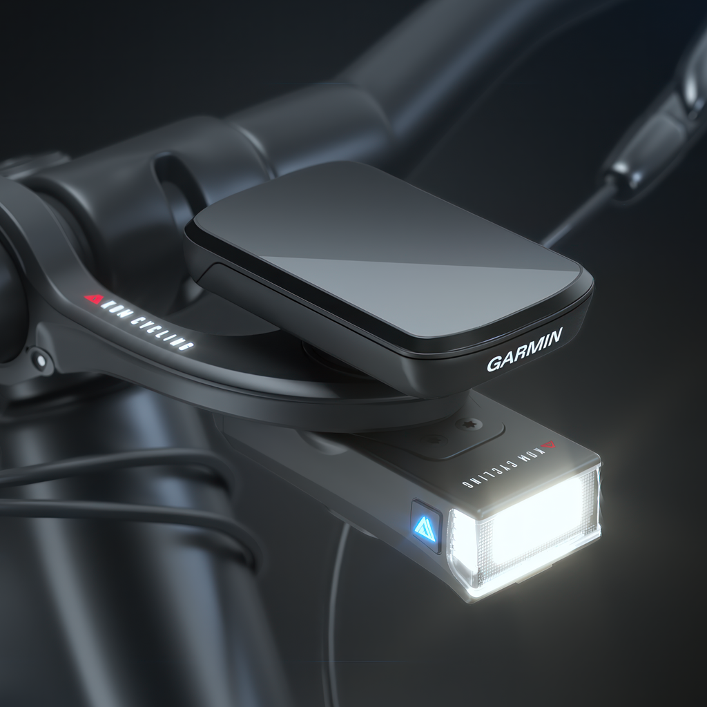 KOM Quick Release Light, 350 Lumen, mounted under a bike computer on the handlebar, light on