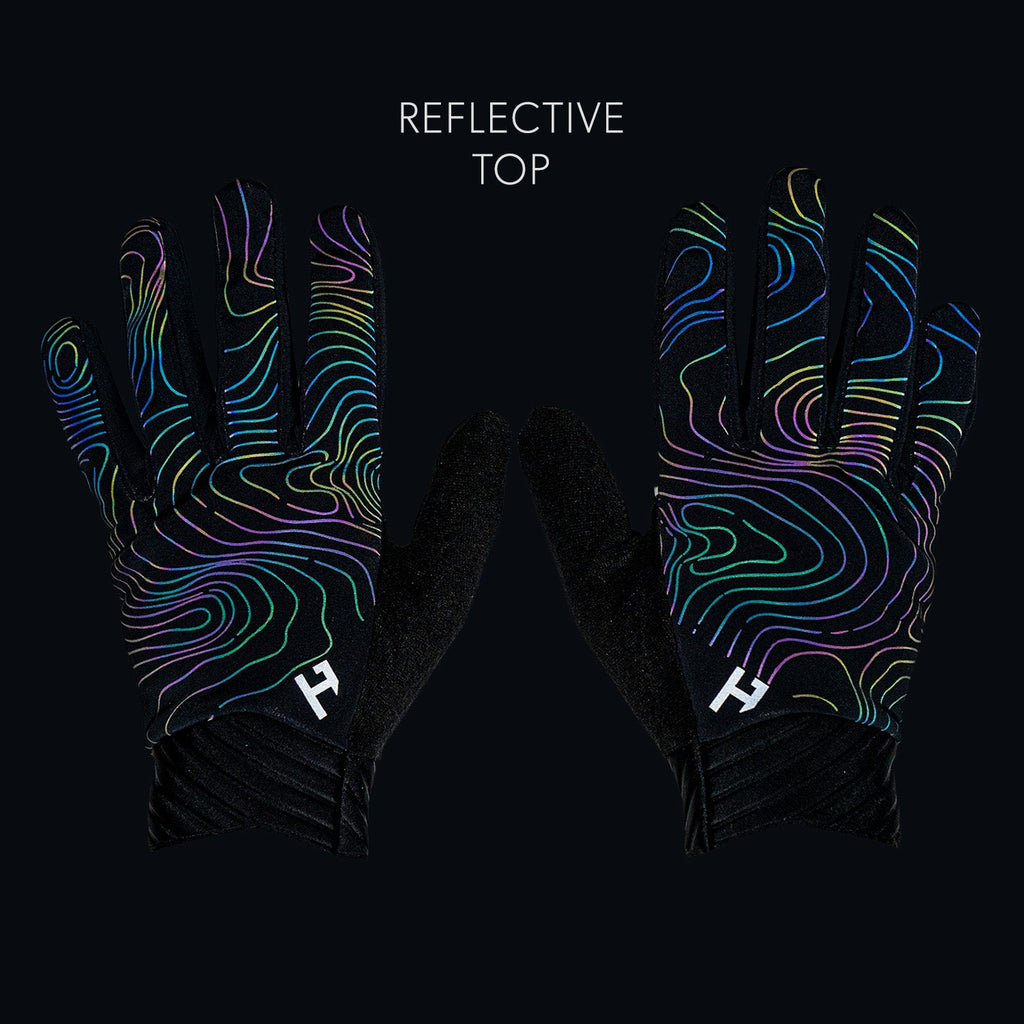 Handup Cold Weather Gloves, Lucid Topo, pair laid flat showing the reflective top