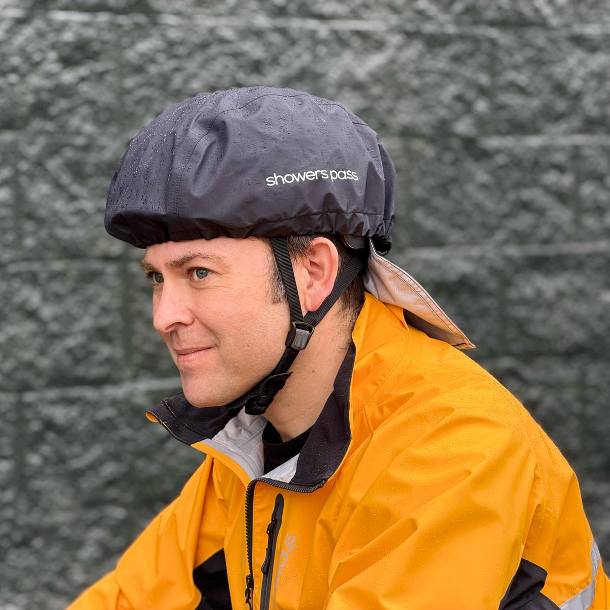 Helmet Cover, worn over a helmet, side view