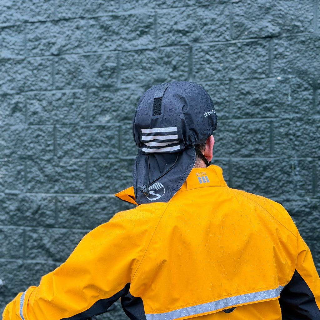 Helmet Cover, worn over a helmet, seen from behind