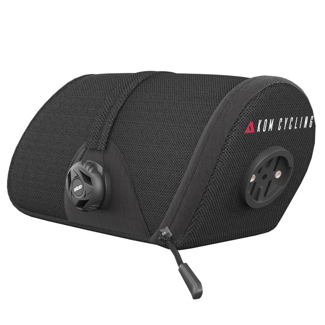 KOM saddle bag in black, side view showing the zip and mounting points