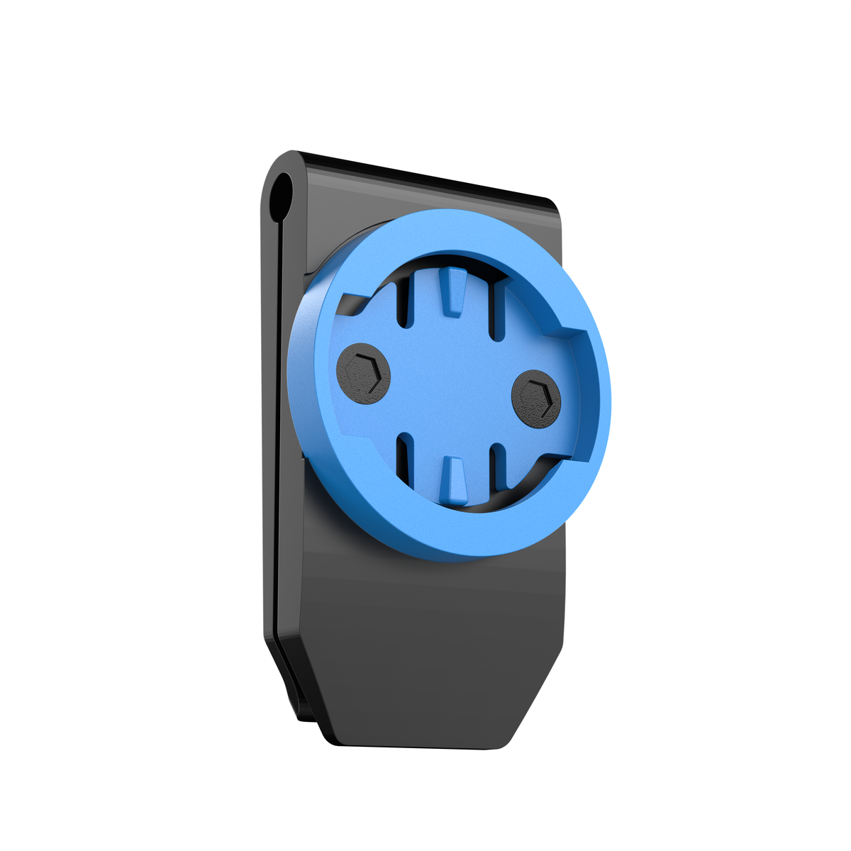 KOM Saddle Bag Radar Mount for Garmin Varia, clip mount, front view with blue insert