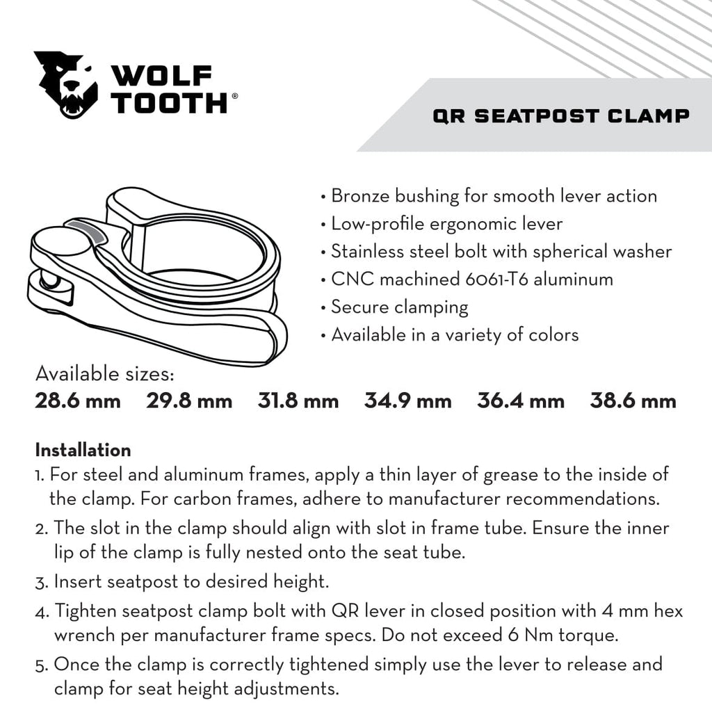 Wolf Tooth Seatpost Clamp, Quick Release, spec sheet with sizes and installation steps