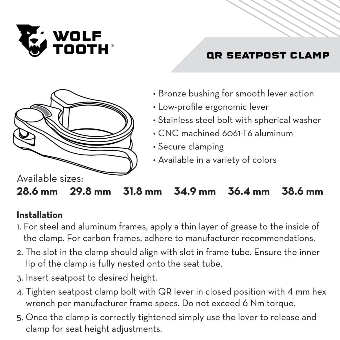 Wolf Tooth Seatpost Clamp, Quick Release, spec sheet with sizes and installation steps