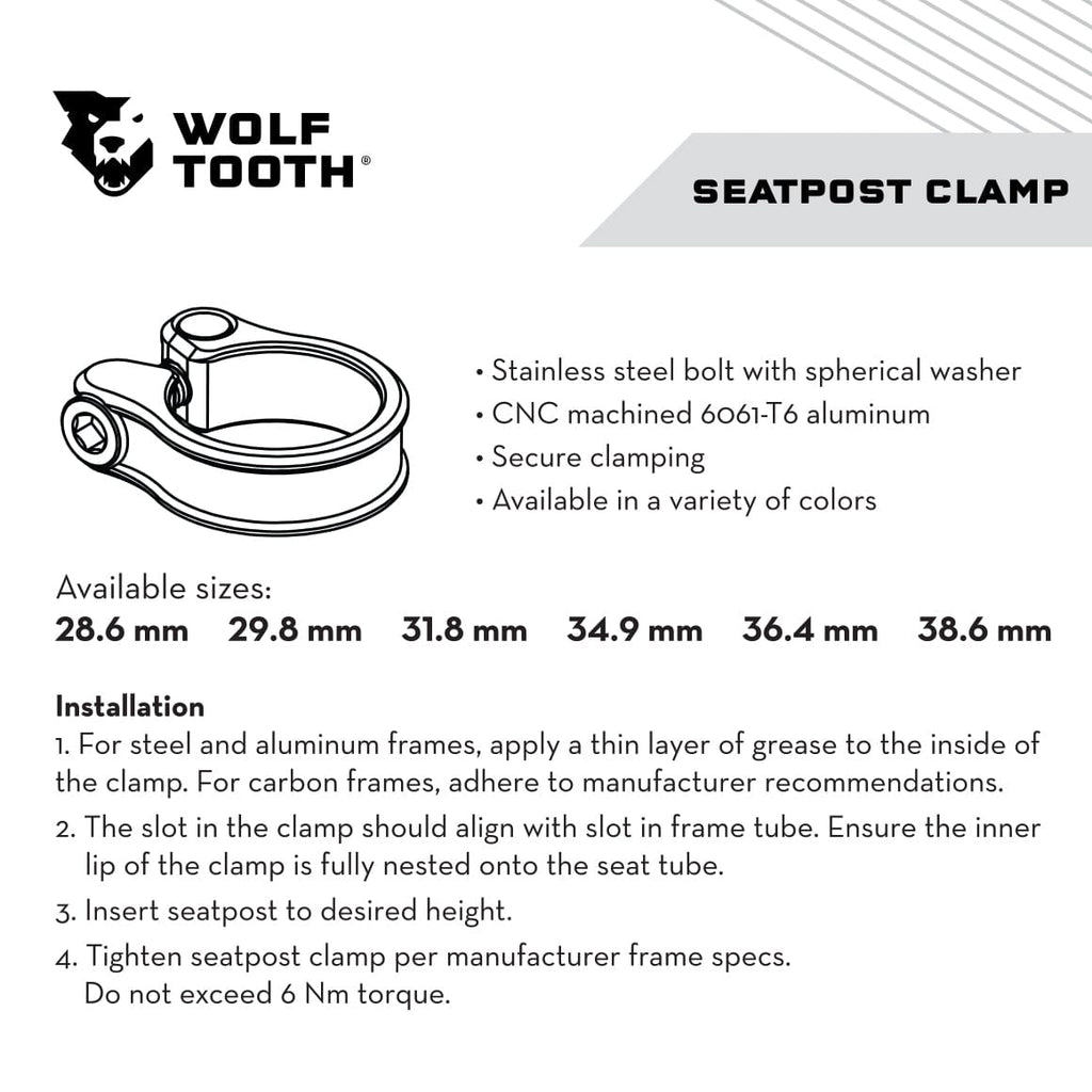 Wolf Tooth Seatpost Clamp, spec sheet with sizes and installation steps