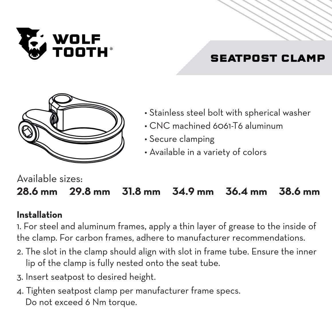 Wolf Tooth Seatpost Clamp, spec sheet with sizes and installation steps