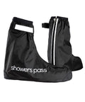Pair of black Showers Pass Club waterproof shoe covers, one side on with the wordmark, the other from behind showing the reflective rear zip and tab.