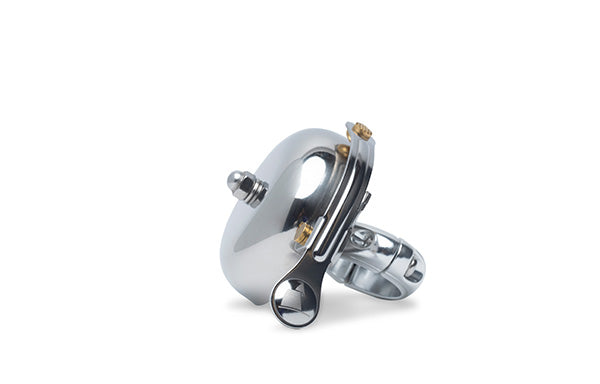 Pennant Bicycle Bell, chrome, angled view with clamp