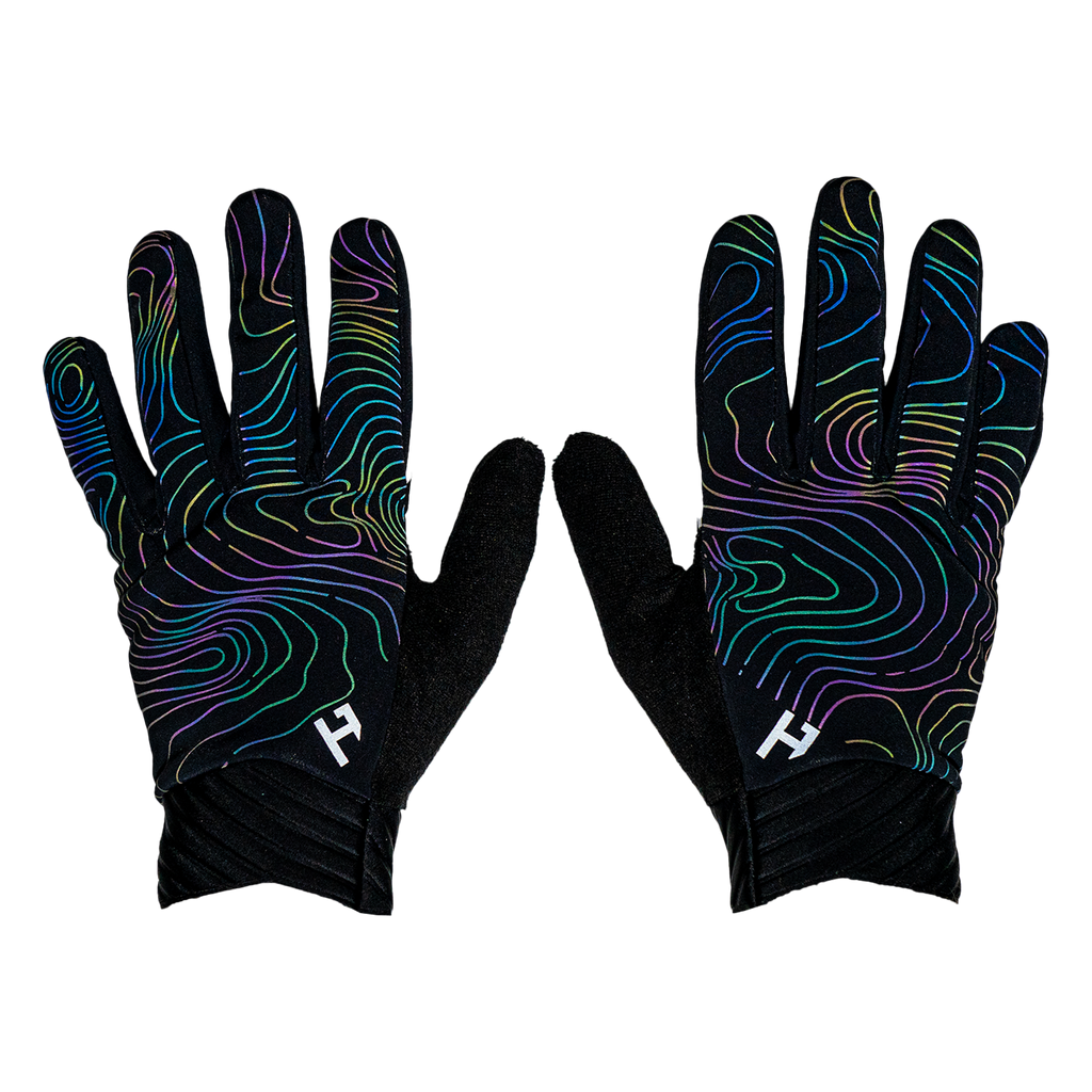 Handup Cold Weather Gloves, Lucid Topo, pair laid flat, back of hand with reflective print lit