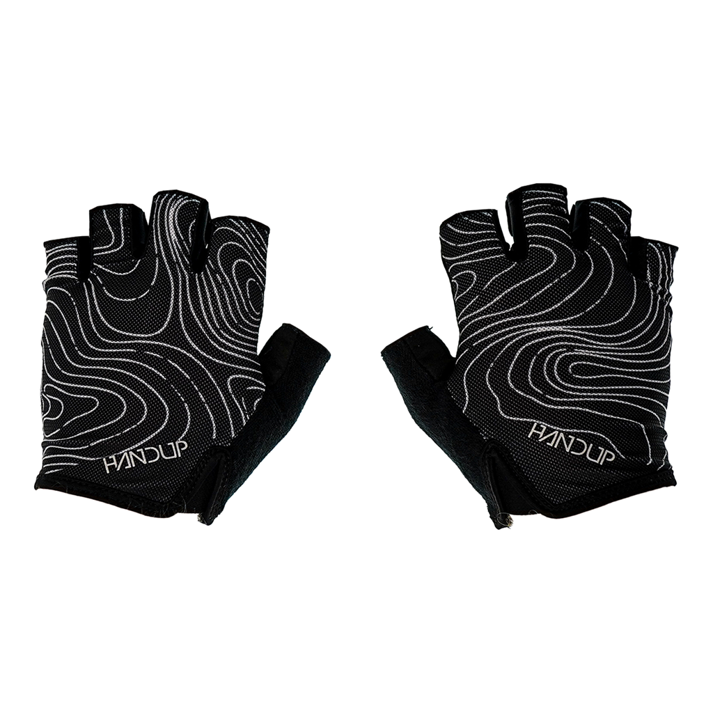 Handup Shorties Fingerless Gloves, Topo Map Black, pair laid flat, back of hand with topo line print