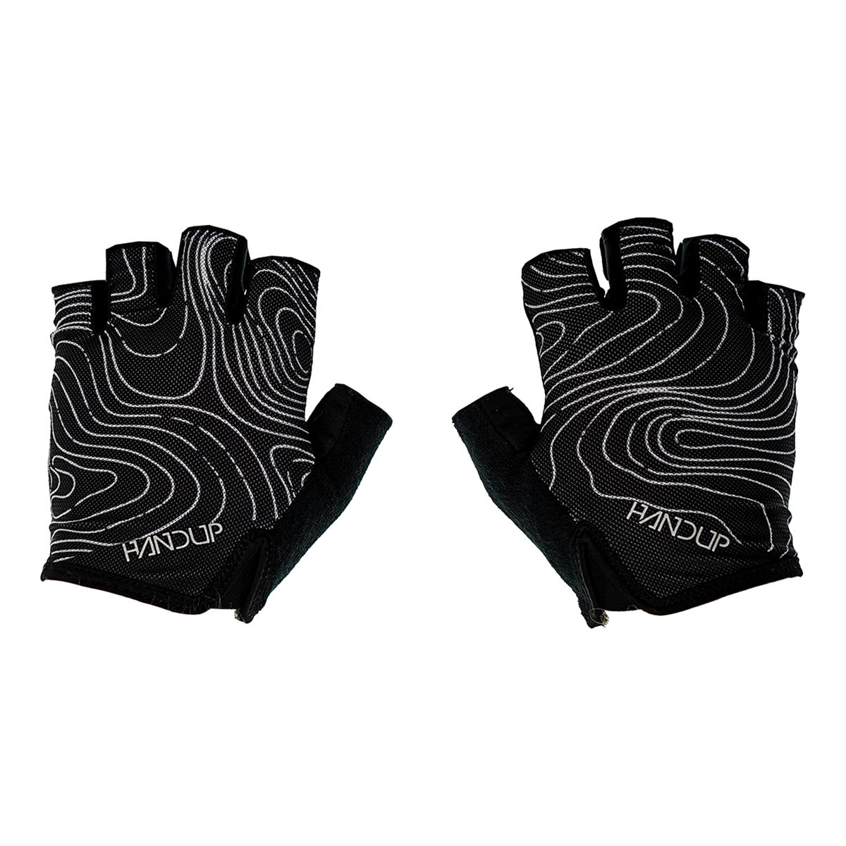 Handup Shorties Fingerless Gloves, Topo Map Black, pair laid flat, back of hand with topo line print
