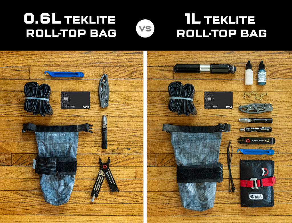 Wolf Tooth B-RAD TekLite Roll-Top Bag 1L, 0.6 liter and 1 liter sizes with the tools each one holds