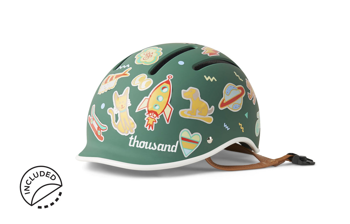 Thousand Jr. Kids Helmet, green, decorated with stickers