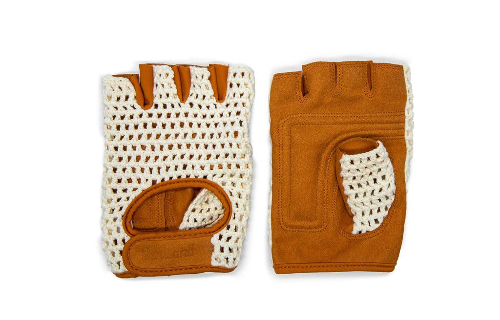 Leather Bike Gloves, tan leather with cream crochet back, pair