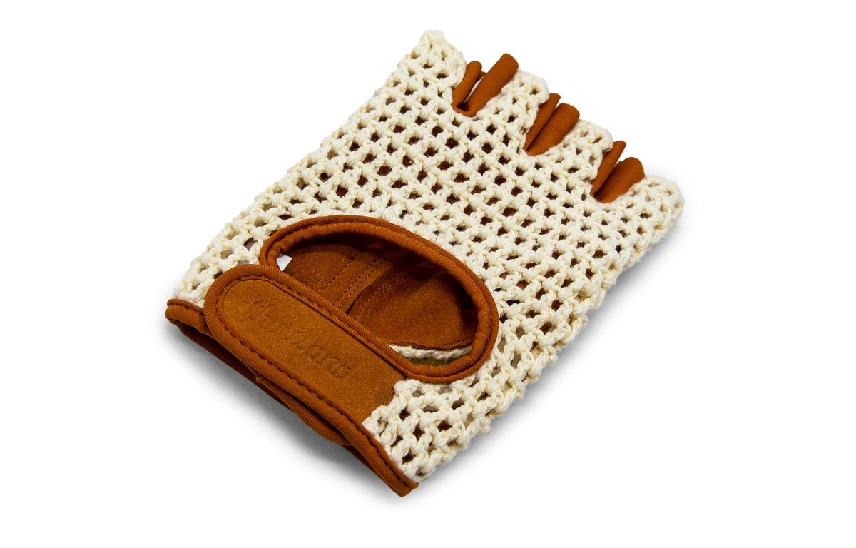 Leather Bike Gloves, cream crochet back view