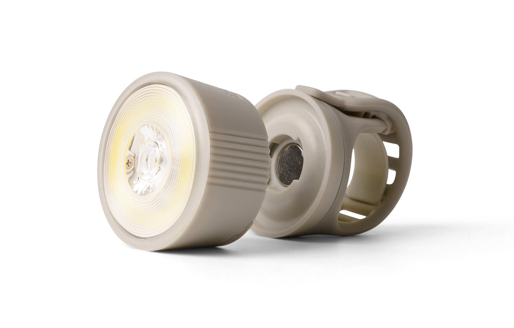 Traveler 2.0 Magnetic Bike Lights, gray front light with its strap mount