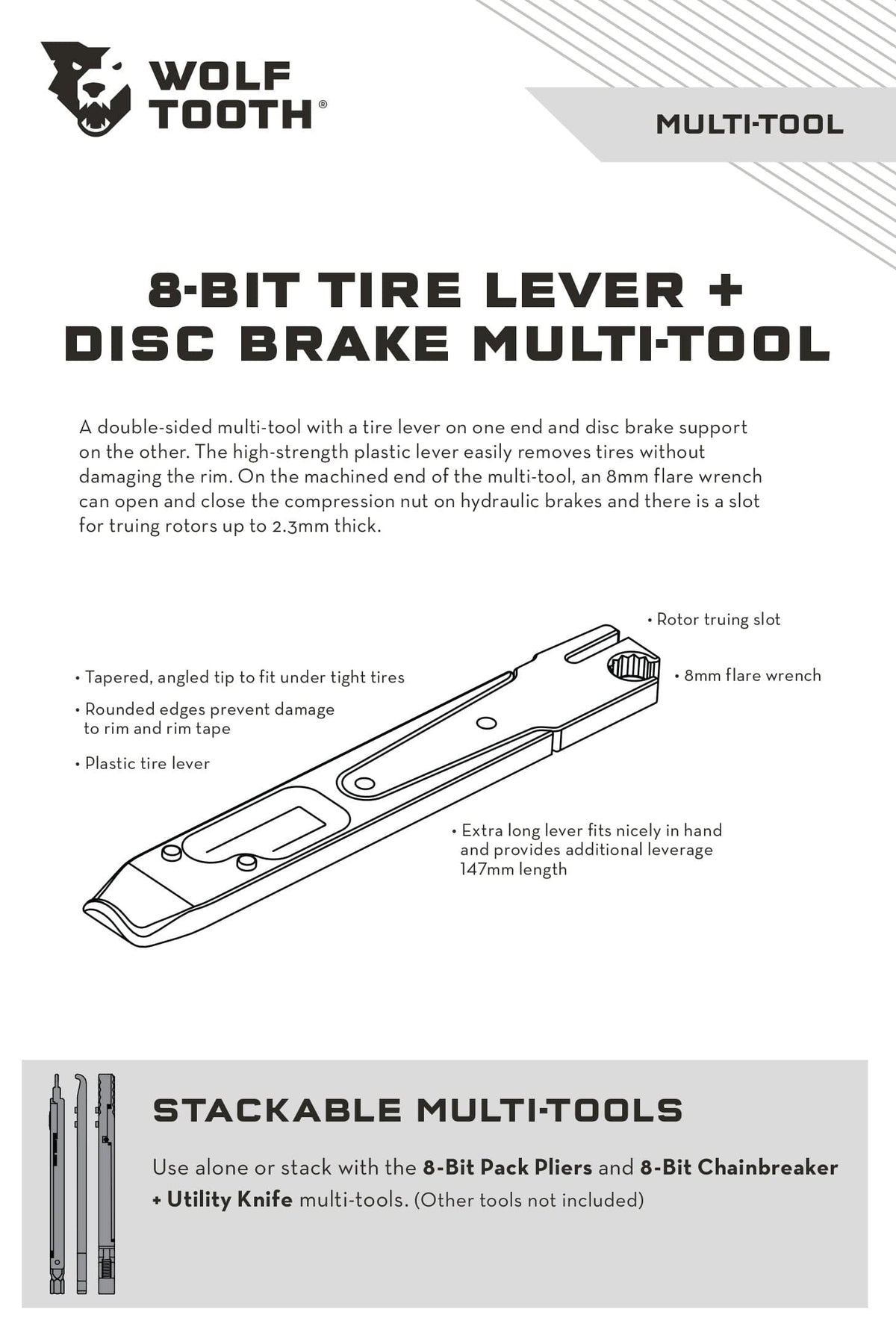 Wolf Tooth 8-Bit Tire Lever + Disc Brake Tool, product sheet with tool diagram